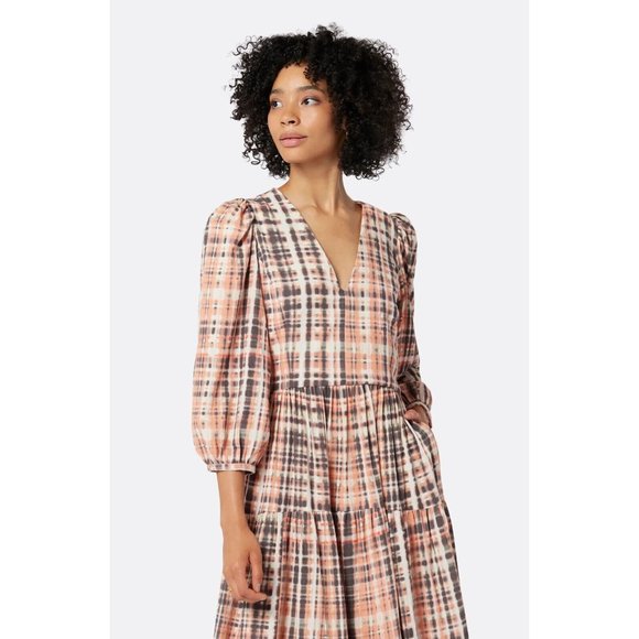 Joie Tobey Dress Multi Plaid Pink Midi Maxi V Neck Cotton 3/4 Sleeve - Picture 2 of 16